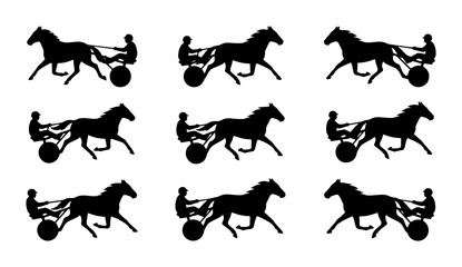 Fototapeta premium Black horse and sulky silhouettes, harness racing action, graphic