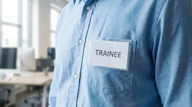 Trainee wearing a professional blue button up shirt with a clear plastic badge holder attached to the front pocket area