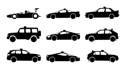 Fototapeta premium Black various car silhouettes on white background, collection of