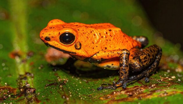 Small orange poison dart frog with detailed skin texture, tropical rainforest macro wildlife