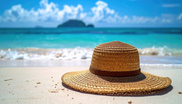 Woven straw hat resting on a sunny beach, summer travel and fashion concept