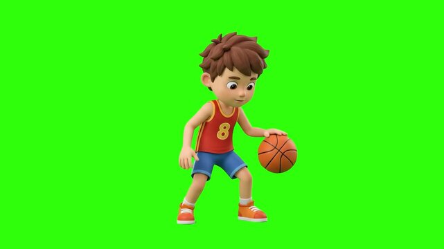 A 3D animated young boy in a sports uniform dribbles a basketball on a chroma key green background. Perfect for sports training videos, basketball promos, kids active lifestyle concepts, and game anim
