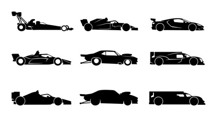 Fototapeta premium Black racing car silhouettes, set of sports vehicles for automotive