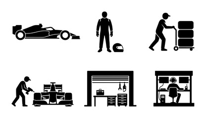 Fototapeta premium Black and white racing icons, motorsport, pit stop, driver, pit crew