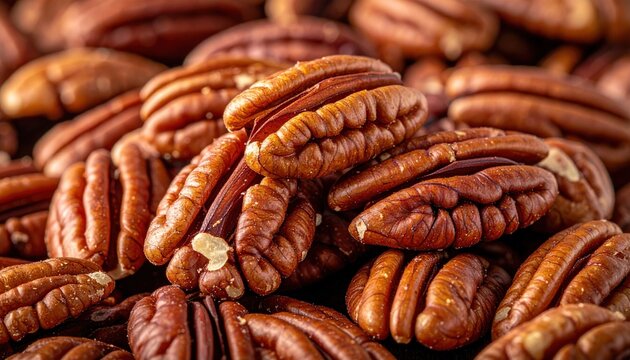 Pile of pecan halves showing detailed shells and rich natural textures, food photography