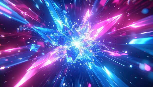 Futuristic blue and pink crystal explosion with energy sparks, high-tech gaming and digital visual concept