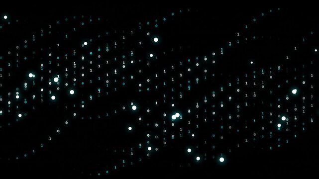 Seamless Loop Of Glowing Cyan Binary Code Stream And Data Particles Floating In Digital Space