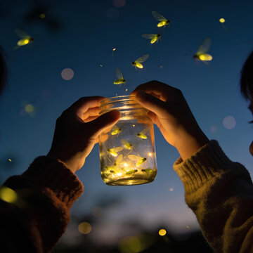 Child holding fireflies in glass jar at night.
