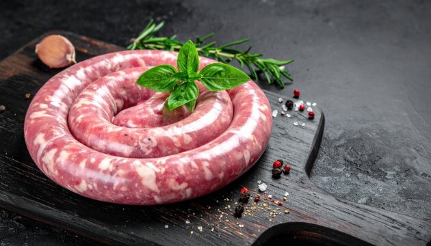 Raw pork sausage in casing speckled with herbs and spices, fresh butcher shop ingredient