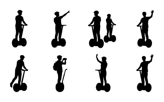 Black silhouettes of people riding self-balancing scooters, set for