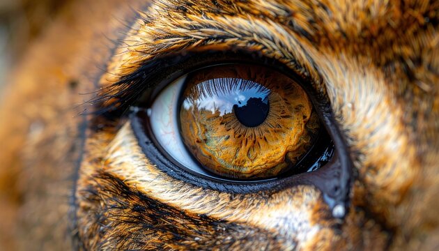 Close-up brown animal eye with reflective gaze and detailed fur texture