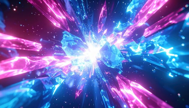 Futuristic blue and pink crystal explosion with energy sparks, high-tech gaming and digital visual concept