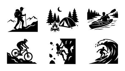 Fototapeta premium Black and white outdoor adventure icons, hiking, camping, kayaking