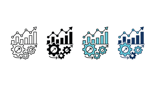 Business performance optimization vector graphic icons featuring rising growth charts connected to mechanical gears for digital marketing and finance strategy analysis