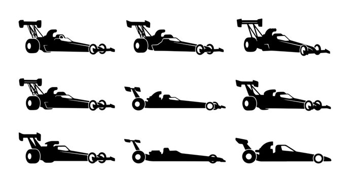 Black drag racing cars silhouettes, set of 9, isolated on white