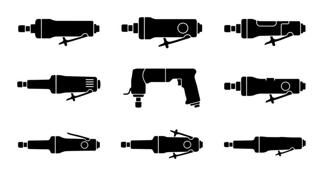 Black pneumatic tool icons, grinders and drills, isolated graphic