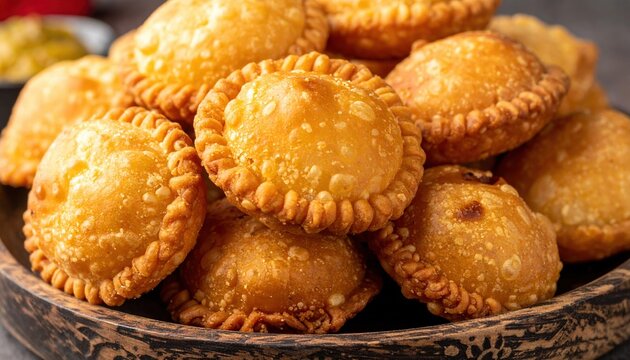 Dark golden brown fried kachori with flaky puff pastry texture for Indian snacks and traditional breakfast cuisine
