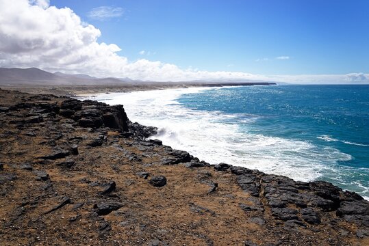 View of the rugged coastline and Atlantic Ocean, El Cotillo, Fuerteventura, Canary Islands, Spain, Europe.