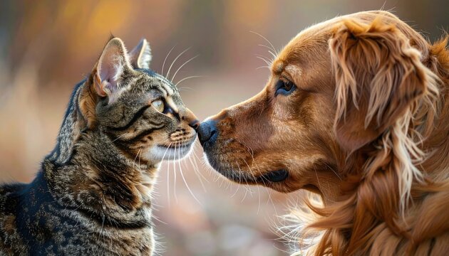 Tabby cat and brown dog touching noses affectionately, interspecies friendship concept
