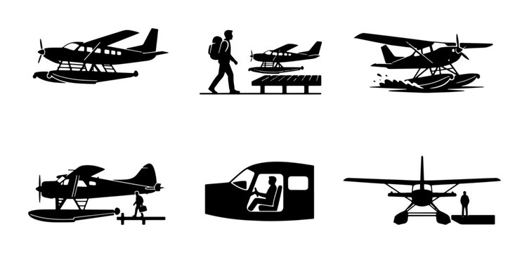 Black seaplane icons, floatplane travel and transport graphics