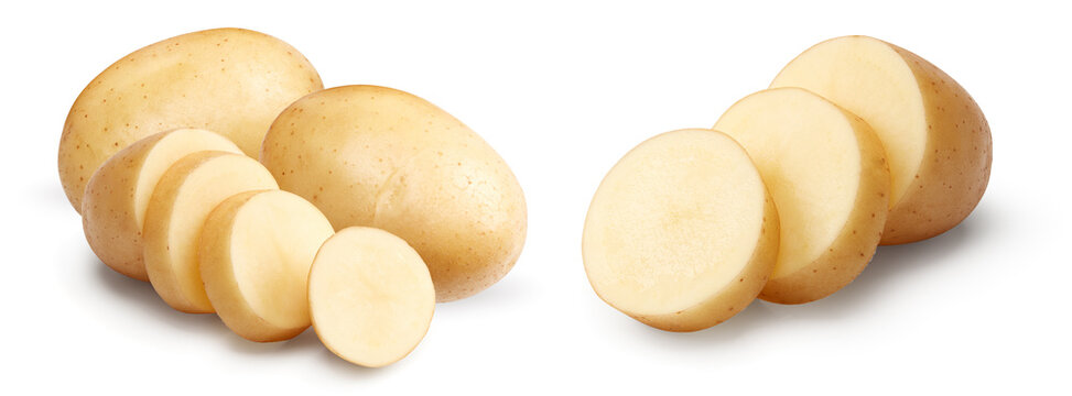 sliced raw potato isolated on white background. clipping path