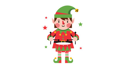Fototapeta premium Cute Cartoon Christmas Elf Playing Drum Vector Illustration.