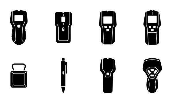 Black stud finders and pen icons, construction tools set, graphic