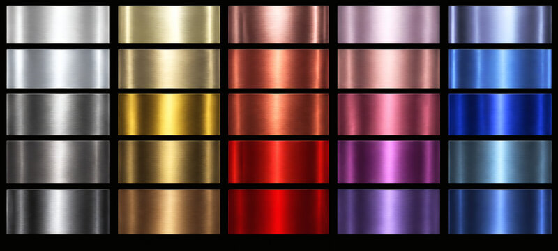 Metallic gradient swatches set, colorful metal textures collection, shiny gold silver copper and bronze chrome palettes for graphic design
