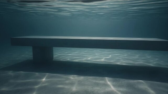 Underwater Bench and Swimming Pool Architecture Cinematic Climate Disaster Concept with Submerged Concrete Structure, Empty Diving Board, Rippling Water, Shadows, and Eerie Light Patterns