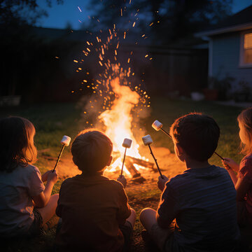 Children roasting marshmallows over backyard campfire at night
