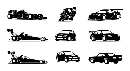 Fototapeta premium Black car and motorcycle silhouettes, racing and transport icons