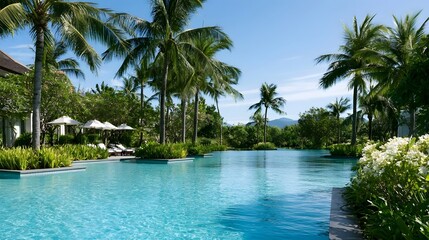 Obraz premium A serene tropical resort pool surrounded by lush palm trees and vibrant greenery under a clear blue sky