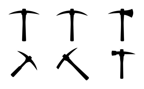 Black pickaxe and hammer silhouettes, set of mining tools, graphic