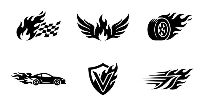 Black flame icons, racing car, checkered flag, wings, tire, shield