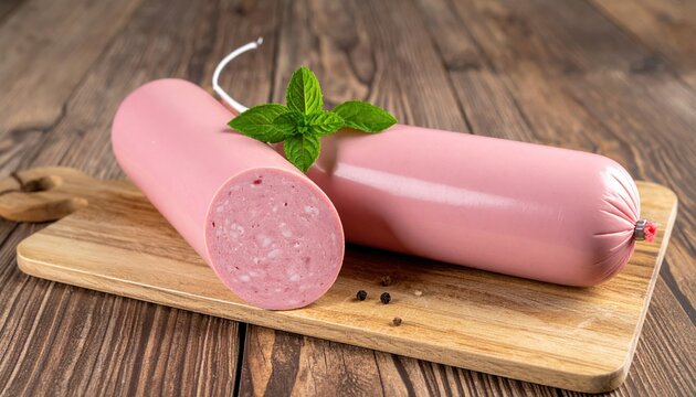 Pink sausage in casing, cylindrical processed meat product with smooth surface