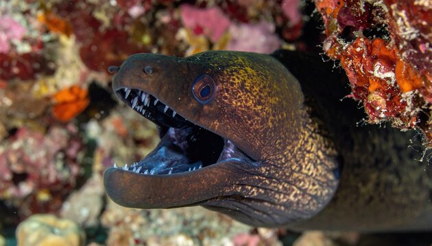 Moray eel with open mouth and sharp teeth showing detailed marine anatomy for ocean wildlife studies