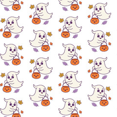 Fototapeta premium Halloween Cute Ghost Seamless Pattern with Pumpkin Basket Vector Repeat Background