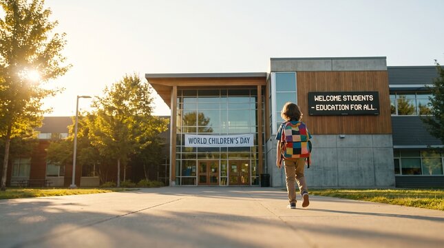 Young student with backpack walking towards elementary school building on a sunny morning