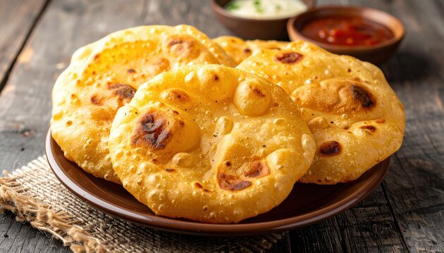 Fresh golden fluffy poori flatbreads with puffed texture for Indian breakfast and traditional culinary concepts