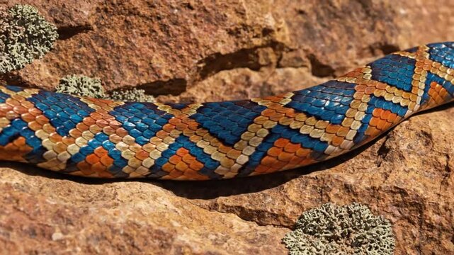 Spectacular vibrant color pattern of a snake's scales on a natural rock surface