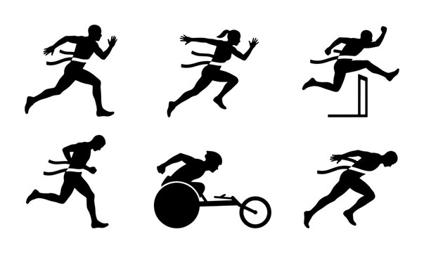 Black silhouette runners crossing finish line, racing icons
