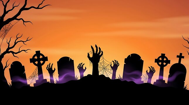 Spooky cemetery silhouette featuring rising zombie hands and ancient tombstones under an eerie sunset orange sky