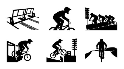 Fototapeta premium Black silhouette BMX racing icons, cyclists on track and start gate