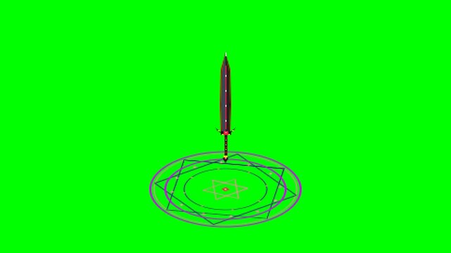 A high-quality 16-bit pixel art animation of an isometric magic circle summoning a dark fantasy abyssal blade. Features a vertical energy pillar, bottom-to-top materialization reveal, and a particle d