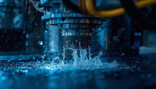 Industrial metal milling machine cutting component using pressurized liquid coolant for cooling precision parts during heavy duty manufacturing production processes