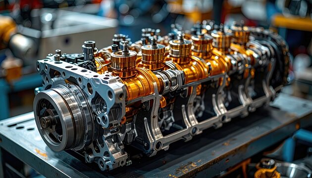 Disassembled engine block with visible camshafts and mechanical components, automotive engineering photography