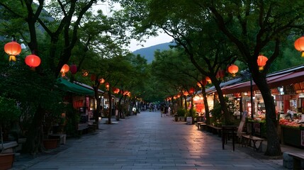 Obraz premium A tree lined pedestrian street with glowing red lanterns and shops set against a backdrop of green hills at dusk