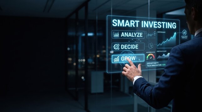 Businessman interacting with glowing smart investing interface showing growth chart and decision tree for financial planning