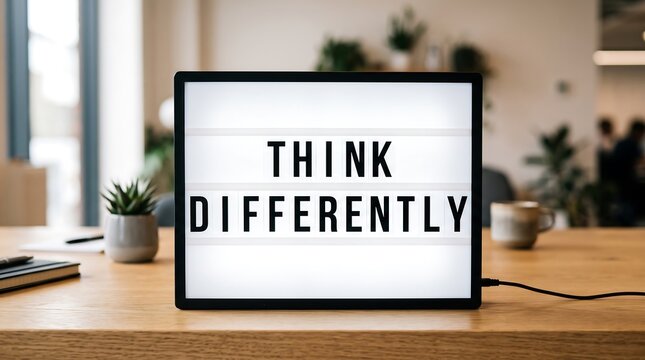 Think differently sign on a wooden desk in an office
