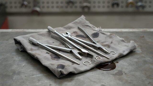 Set of Various Wrenches and Tools on a Rag on a Metal Workbench